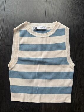 Zara Striped Sleeveless Knit Top in Blue & Cream